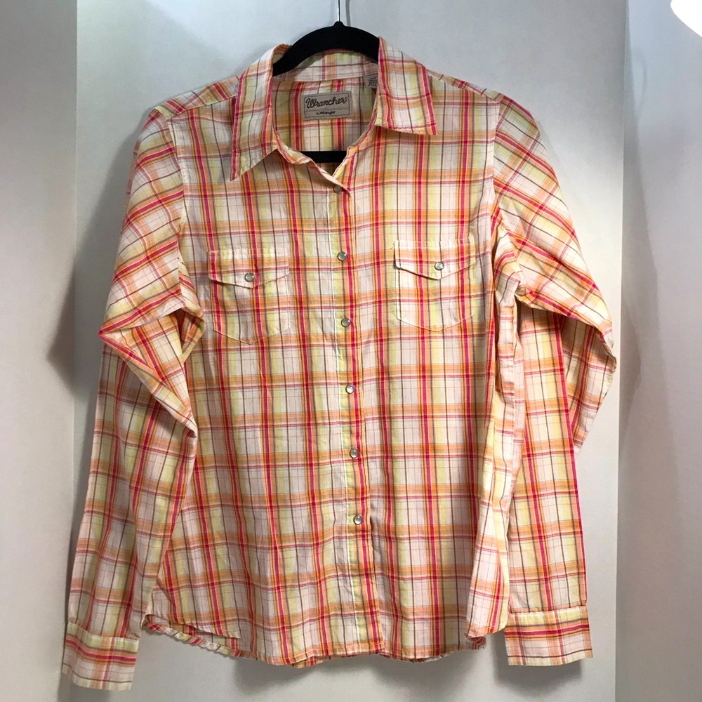 Wrancher Wrangler Western Retro Long Sleeve Womens Large Shirt Pearl Snaps Plaid